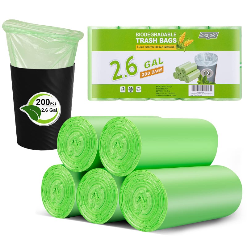 Inwaysin أكياس قمامة الحمام القابلة للتحلل من إنوايسين 200 قطعة سعة 26 جالون قوية بدون رائحة باللون الأخضر 10 لتر
