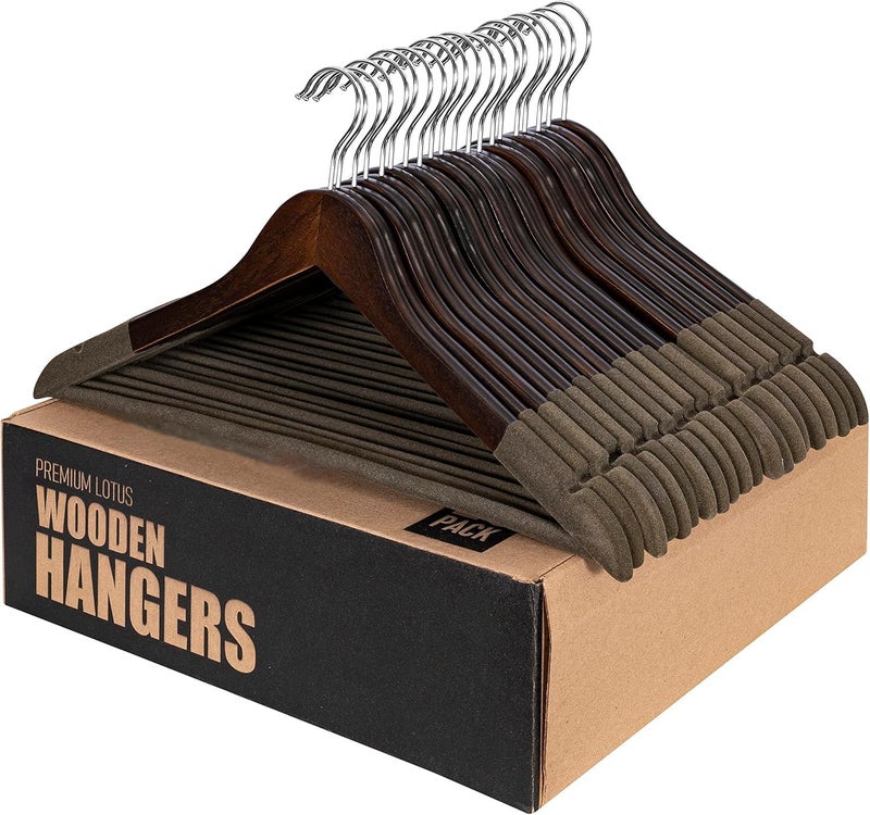 ROLLYWARE ® Wooden Cloth Hangers,Suit Hangers for Men Non Slip - Luxury Natural Lotus Wood & Velvet Hangers for Hanging Pants, Suits, Dress & Skirts -360° Rotating Hook (20, Brown) - Image 1