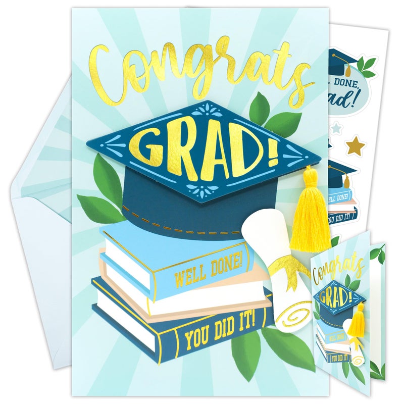 Decorably Gold-Foiled 5x8in Individual Congrats Grad Card with Graduation Hat Top and Diploma Cutouts and Gold Tassel, Graduation Card Set with Envelope and Stickers, with Printed Message Inside - Image 1