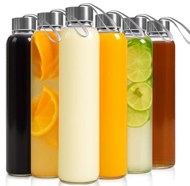 Epica glass bottles with lids  18oz glass water bottles reusable juice bottle with lids for storing juices reusable water bottle durable set of 6 with Carrying Loop Caps