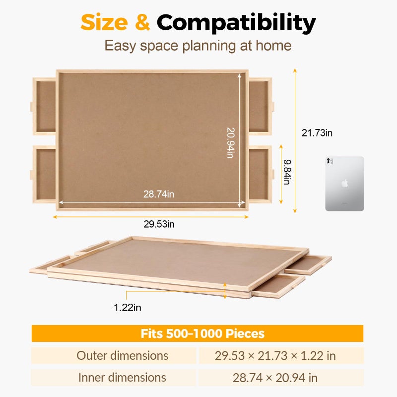 BuilderButler لوحة أحجية دوارة مكونة من 1000 قطعة مع 4 أدراج، 28.74" × 20.94" طاولة أحجية خشبية محمولة مع غطاء دوار للبالغين - Image 3