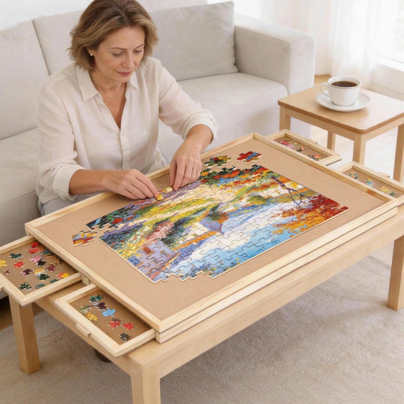 BuilderButler لوحة أحجية دوارة مكونة من 1000 قطعة مع 4 أدراج، 28.74" × 20.94" طاولة أحجية خشبية محمولة مع غطاء دوار للبالغين - Image 2
