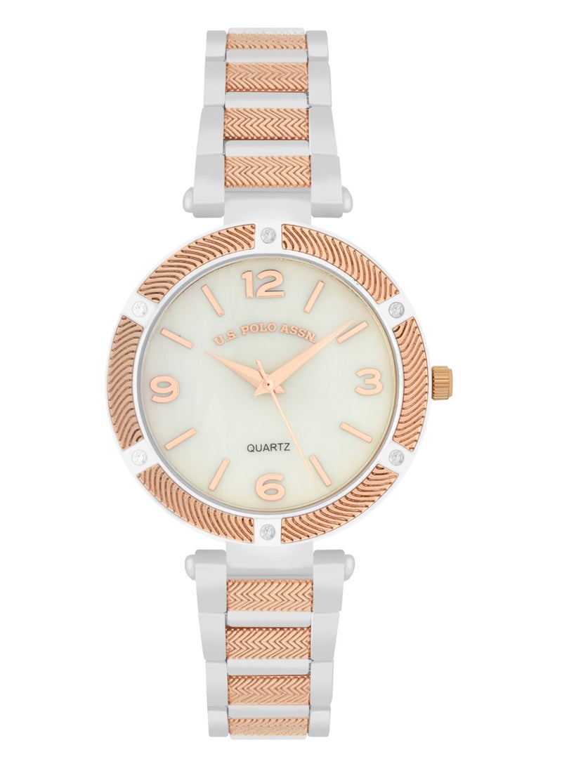 يو اس بولو اسن طقم ساعة وسوار مطلي ثنائي اللون للنساء من الكوارتز التناظرية - Image 3