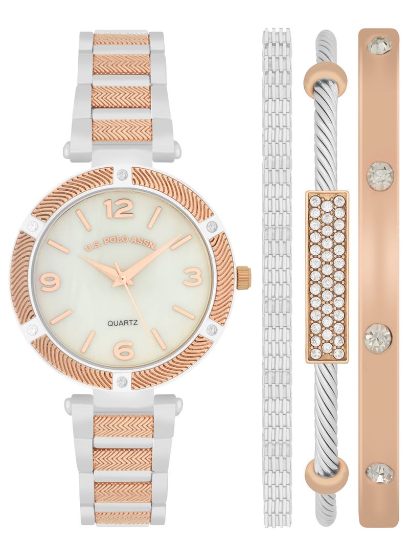 يو اس بولو اسن طقم ساعة وسوار مطلي ثنائي اللون للنساء من الكوارتز التناظرية - Image 1