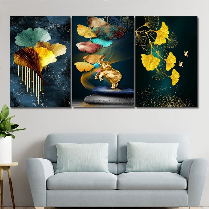 Marktna Three modern canvas paintings with a floral design and a hollow frame, measuring (120×60), three pieces - Image 1