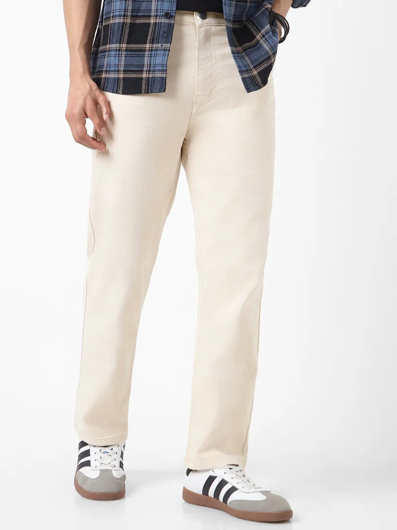 Urbano Fashion  Urbano Fashion Men's Ecru Straight Fit Washed Jeans Stretchable for Men | Best Price UAE