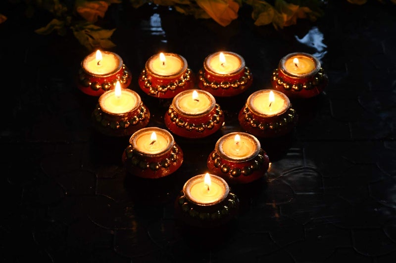 Collectible India Collectible India Matki Diyas Candles for Diwali Puja Handpainted Diya for Diwali Pooja Festival Decoration Tealights Candles Lights for Diwali Home Indoor Outdoor Decor Set of 10  - Image 4