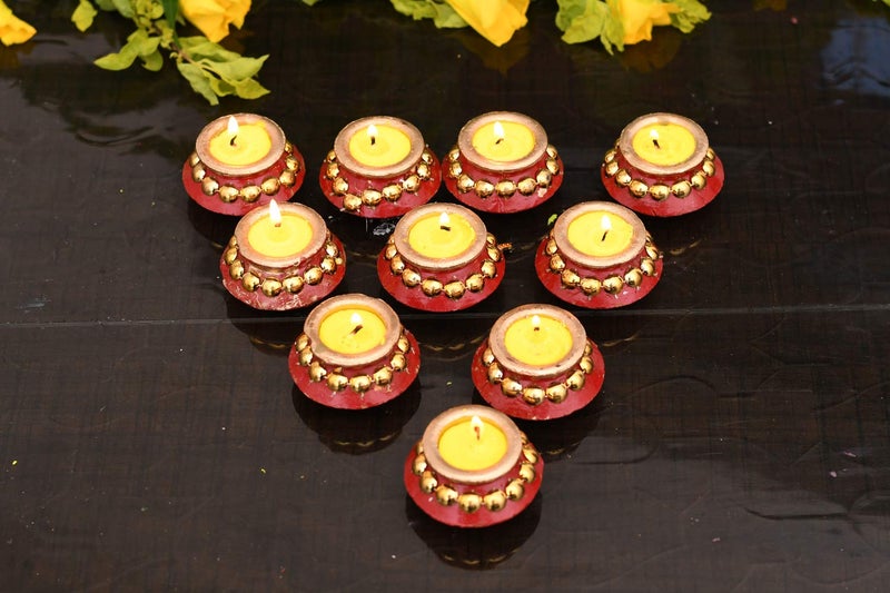 Collectible India Collectible India Matki Diyas Candles for Diwali Puja Handpainted Diya for Diwali Pooja Festival Decoration Tealights Candles Lights for Diwali Home Indoor Outdoor Decor Set of 10  - Image 2