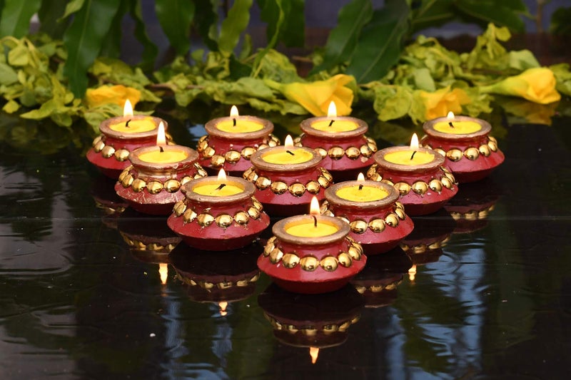 Collectible India Collectible India Matki Diyas Candles for Diwali Puja Handpainted Diya for Diwali Pooja Festival Decoration Tealights Candles Lights for Diwali Home Indoor Outdoor Decor Set of 10  - Image 1