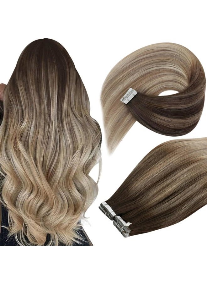 Ve Sunny 24 Inch Human Hair Tape in Extensions OmbreTape in Hair Extensions Real Human Hair Ombre Blonde Tape in Human Hair Extensions Dark Brown Ombre Golden Blonde for Long Hair 20pcs 50g  - Image 1