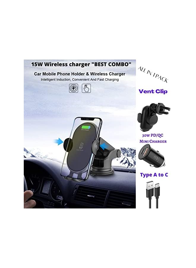 BLUE OCEAN Ocean Wireless Car Charger Phone Holder 15 W,Fast Qi Automatic Clamping Charging Mount Dock, charging cable,30W mini QC charger Compatible with iPhone,Samsung,and all Android devices. - Image 2