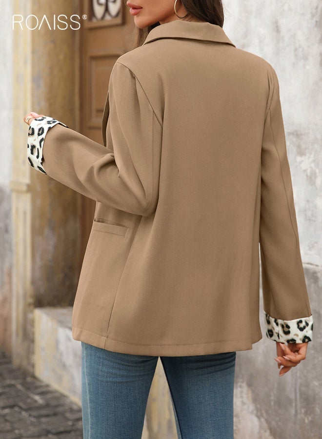 roaiss Women's Blazer, New Vintage Leopard Print Patchwork V-Neck Commuter Blazer, Elegant Lapel Long-Sleeve Slim-Fit Professional Suit with Pockets, Khaki - Image 2