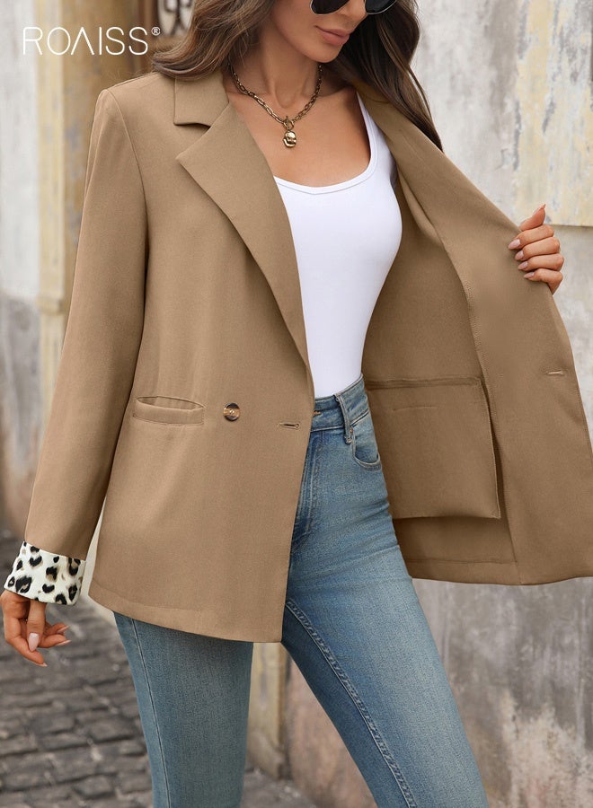 roaiss Women's Blazer, New Vintage Leopard Print Patchwork V-Neck Commuter Blazer, Elegant Lapel Long-Sleeve Slim-Fit Professional Suit with Pockets, Khaki - Image 4