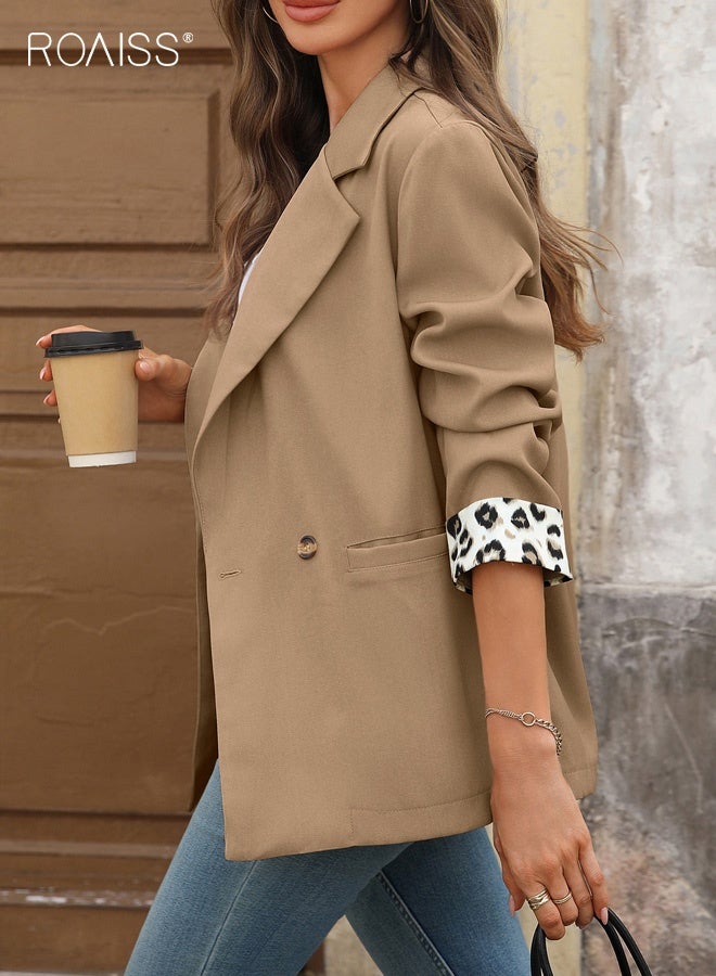 roaiss Women's Blazer, New Vintage Leopard Print Patchwork V-Neck Commuter Blazer, Elegant Lapel Long-Sleeve Slim-Fit Professional Suit with Pockets, Khaki - Image 5