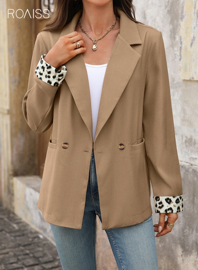 roaiss Women's Blazer, New Vintage Leopard Print Patchwork V-Neck Commuter Blazer, Elegant Lapel Long-Sleeve Slim-Fit Professional Suit with Pockets, Khaki - Image 1