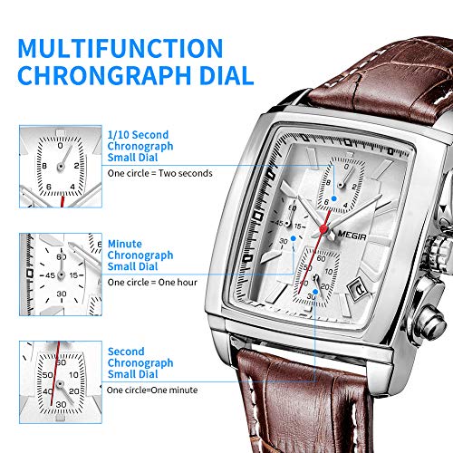 MEGIR Mens Business Analog Chronograph Luminous Rectangle Quartz Watch with Stylish Leather Strap for Sport Work 2028 White - Image 3