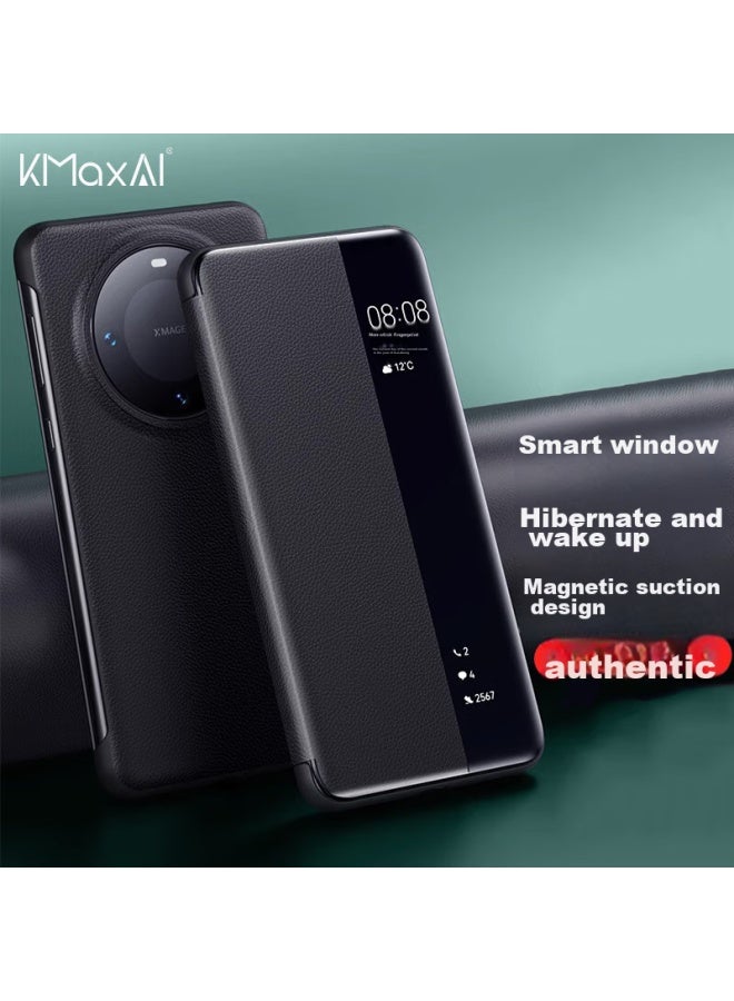 Kmaxai Case For Huawei Mate60 Pro And Mate60 Pro+، غطاء واقي من الجلد العادي، حماية كاملة، غطاء رفيع قابل للطي، نافذة عرض ذكية، وظيفة النوم/الاستيقاظ، أسود - Image 1