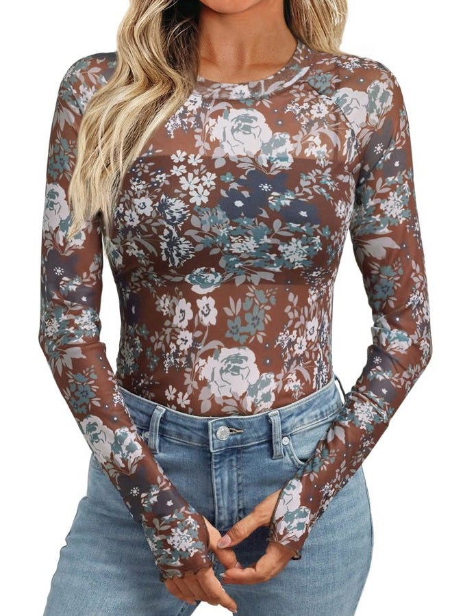 Dealmore Womens Mesh Sheer Lace Going Out Slim Fitted See Through Tops Fall Fashion Outfits Clothes 2025, Brown, S - Image 1