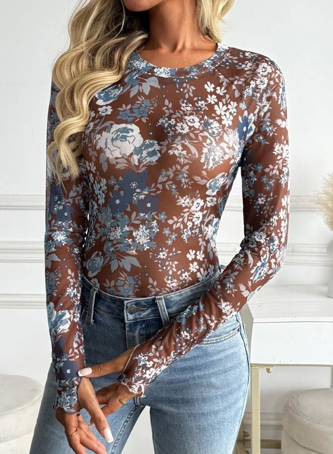 Dealmore Womens Mesh Sheer Lace Going Out Slim Fitted See Through Tops Fall Fashion Outfits Clothes 2025, Brown, S - Image 3