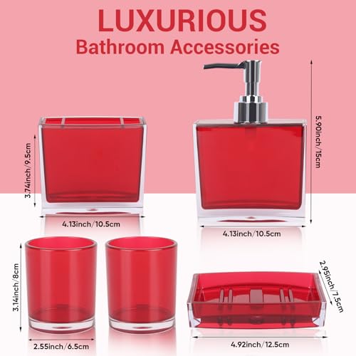 LGURT-5-piece Set of Advanced Acrylic Bathroom Accessories, Hand sanitizer Bottle, Independent Bottle of Lotion Tank, soap Box, mouthwash Cup, Tooth Cup (Model 1-Red-5) - Image 2