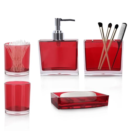 LGURT-5-piece Set of Advanced Acrylic Bathroom Accessories, Hand sanitizer Bottle, Independent Bottle of Lotion Tank, soap Box, mouthwash Cup, Tooth Cup (Model 1-Red-5) - Image 1