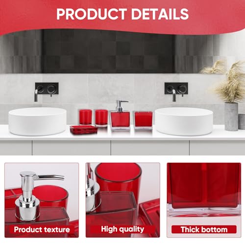 LGURT-5-piece Set of Advanced Acrylic Bathroom Accessories, Hand sanitizer Bottle, Independent Bottle of Lotion Tank, soap Box, mouthwash Cup, Tooth Cup (Model 1-Red-5) - Image 3
