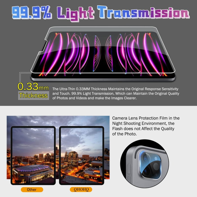 QHOHQ [2+2 Pack] Tempered Glass Screen Protector for iPad Pro 12.9 2022/2021/2020 (6th/5th/4th Generation) with Camera Lens Protector, Ultra HD, Anti-Scratch, Designed for Face ID＆Apple Pencil - Image 2