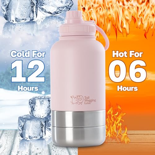 Tail Wagging Love 32oz 3in1 Travel Water Bottle for Dogs Humans Dual Use Stainless Steel Keeps Water Hot 6hrsCold 12hrs LeakProof with Detachable Food Water Bowls Perfect for Travel - Image 3