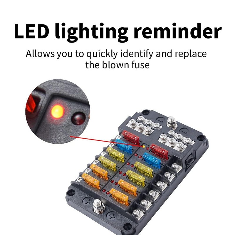 UPEOR 12-Way Fuse Block, Waterproof Boat Fuse Panel 12-24V Marine Fuse Block with LED Warning Indicator Damp-Proof Cover - 12 Circuits with Negative Bus Fuse 12V Box for Vehicle Car Boat Auto - Image 4