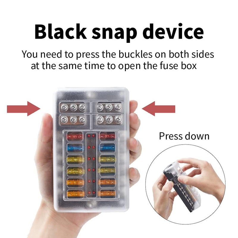 UPEOR 12-Way Fuse Block, Waterproof Boat Fuse Panel 12-24V Marine Fuse Block with LED Warning Indicator Damp-Proof Cover - 12 Circuits with Negative Bus Fuse 12V Box for Vehicle Car Boat Auto - Image 3