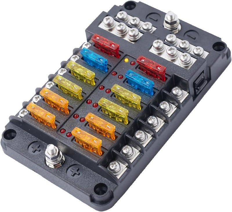 UPEOR 12-Way Fuse Block, Waterproof Boat Fuse Panel 12-24V Marine Fuse Block with LED Warning Indicator Damp-Proof Cover - 12 Circuits with Negative Bus Fuse 12V Box for Vehicle Car Boat Auto - Image 1