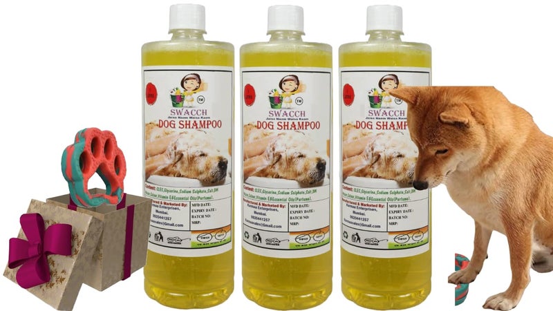 swacch Dog Shampoo + Paw Shape I Rubber Dog Toy for Training and Interactive I Durable & Safe I Combo Pack I 3 Litre Lemon - Image 1