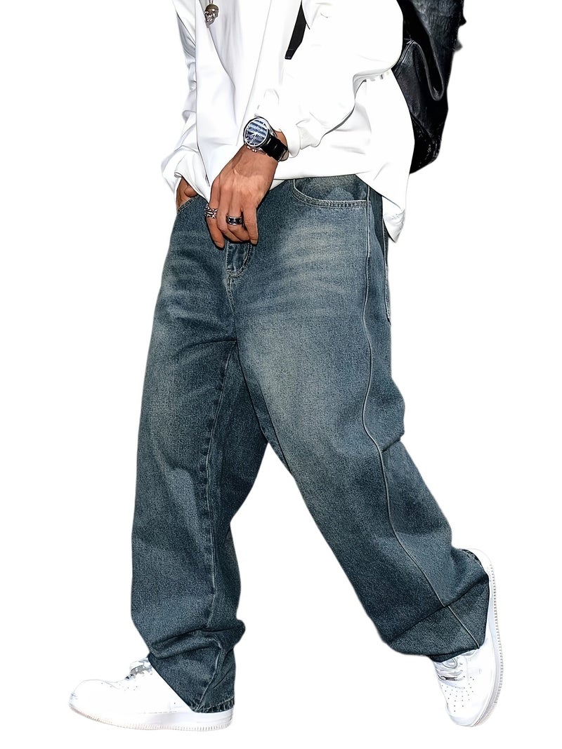 Vintage Washed Jeans, Youthful Trendy Loose Fit Casual Denim Pants - Image 1