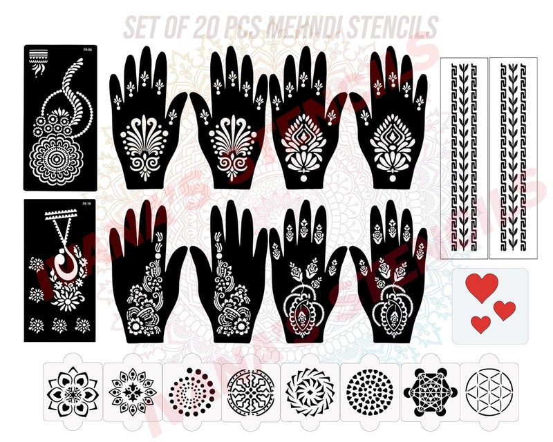 ivana's Ivanas Set of 20 Pcs Combo Pack Reusable Mehandi Design Sticker Stencils for Both Hand  Mehendi Tattoo Stickers  Quick and Easy to Use for Girls Women Kids  Teen D2141 - Image 1