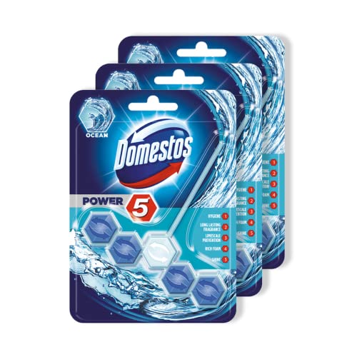 Domestos Power 5 Toilet cleaning Rim Block |Ocean Limescale Removal with Long Lasting Fragrance | for Hygiene & Shine | Imported 55g Pack of 3 - Image 1