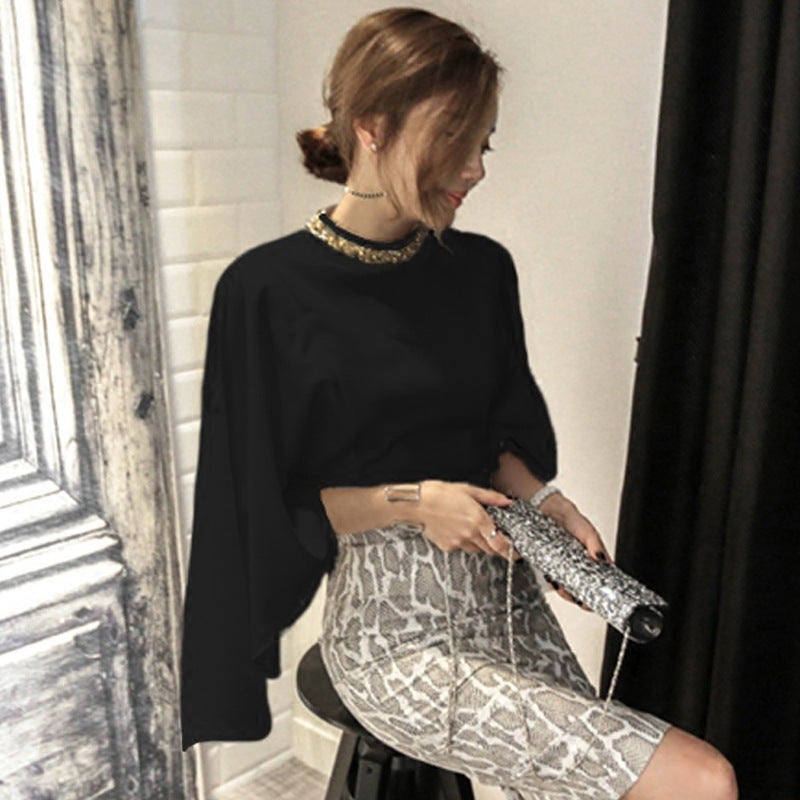 2023 Elegant Cape Batwing Blouse Ensemble Black Top for Necklace