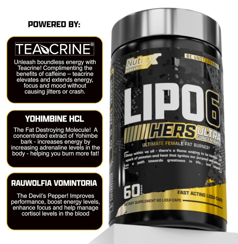 Nutrex Research Lipo 6 Hers Ultra Concentrate Fat Burner for Women – Fast Acting Liquid Caps, Weight Loss Support, Energy Booster, 60 Capsules, Made in USA - Image 3