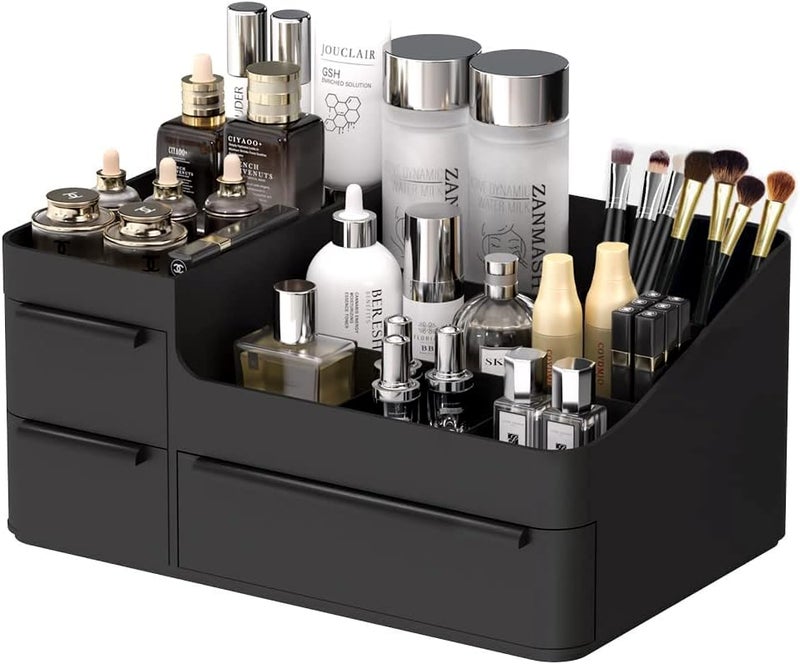 CHANCETSUI Makeup Organizer for Vanity, Bathroom Countertop Storage Display Boxes Case,Stackable Cosmetic Holder for Jewelry Hair Accessories Beauty Skincare Product Organizing with drawer organizer tray, Black - Image 1