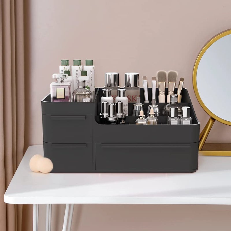 CHANCETSUI Makeup Organizer for Vanity, Bathroom Countertop Storage Display Boxes Case,Stackable Cosmetic Holder for Jewelry Hair Accessories Beauty Skincare Product Organizing with drawer organizer tray, Black - Image 2