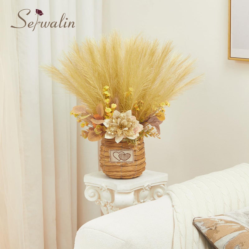 Serwalin 60Pcs Gold Pampas Grass Decor, 17.7" Faux Pampas Grass, Artificial Short Pompas Grass Branches Fluffy Plant Vase Filler Boho Decoration for Home Wedding Party - Image 5