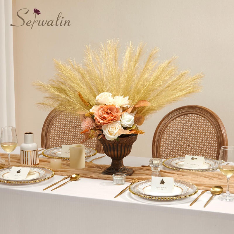 Serwalin 60Pcs Gold Pampas Grass Decor, 17.7" Faux Pampas Grass, Artificial Short Pompas Grass Branches Fluffy Plant Vase Filler Boho Decoration for Home Wedding Party - Image 2
