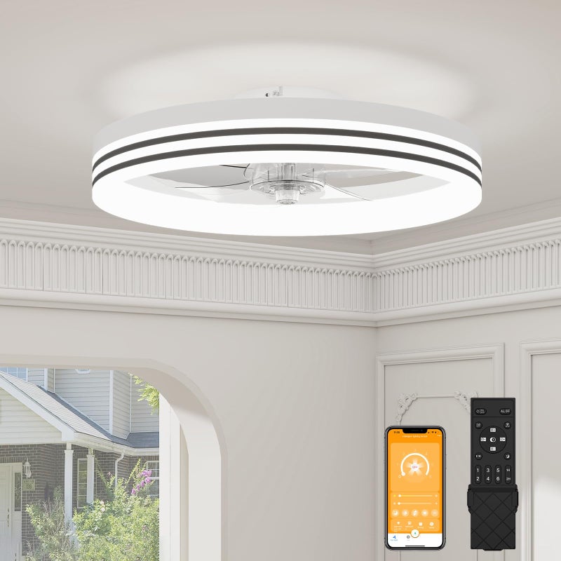 VOLISUN Low Profile Ceiling Fans with Lights and Remote 197in Flush Mount Ceiling Fan with Light 3000K6500K Dimmable Fandelier LED Fan Light White Bladeless Ceiling Fans with Lights for Bedroom