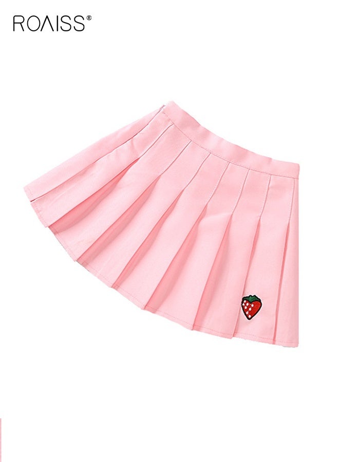 رويس تنورة قصيرة للبنات ذات ثنيات مع بنطال أمان داخلي وسحاب جانبي، شورت رياضي خفيف الوزن للتنس، فستان قصير مطرز بالفراولة، تنانير قصيرة رائعة للبنات الصغيرات - Image 1