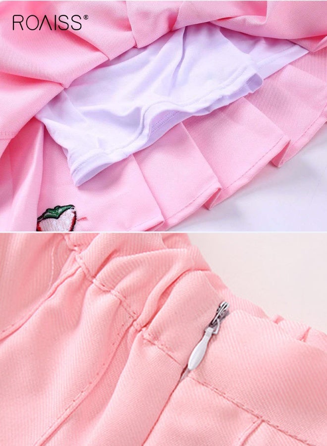 رويس تنورة قصيرة للبنات ذات ثنيات مع بنطال أمان داخلي وسحاب جانبي، شورت رياضي خفيف الوزن للتنس، فستان قصير مطرز بالفراولة، تنانير قصيرة رائعة للبنات الصغيرات - Image 3