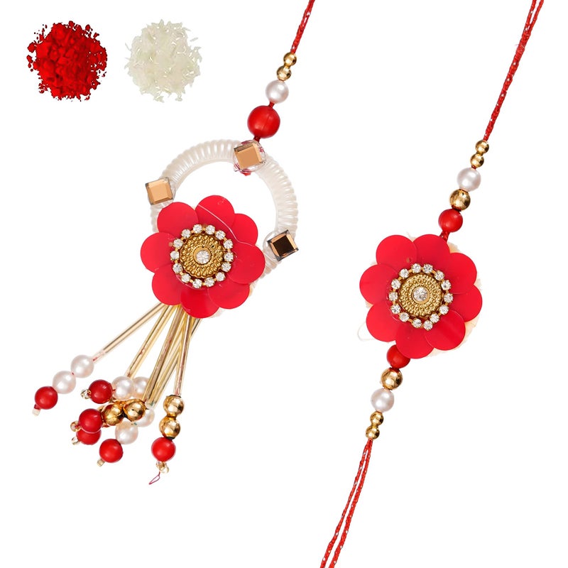 iinfinize Floral Hand Crafted Kundan Lumba Rakhi Set For Bhaiya Bhabhi | Peral Beads Work Elegant Bracelet Chuda Jhumar Rakhi | Cotton Thread Waistband Rakhis With Roli Chawal - Image 1