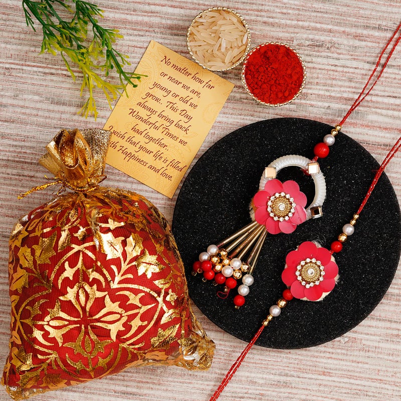 iinfinize Floral Hand Crafted Kundan Lumba Rakhi Set For Bhaiya Bhabhi | Peral Beads Work Elegant Bracelet Chuda Jhumar Rakhi | Cotton Thread Waistband Rakhis With Roli Chawal - Image 2