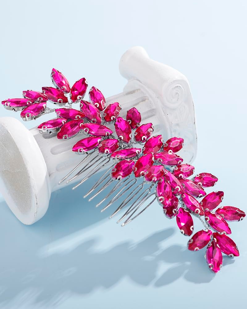 Rumtock Hot Pink Rhinestones Hair Comb for Women Girls Wedding Bridal Hair Piece Handmade Jewelry Banquet Prom (Hot Pink) - Image 4