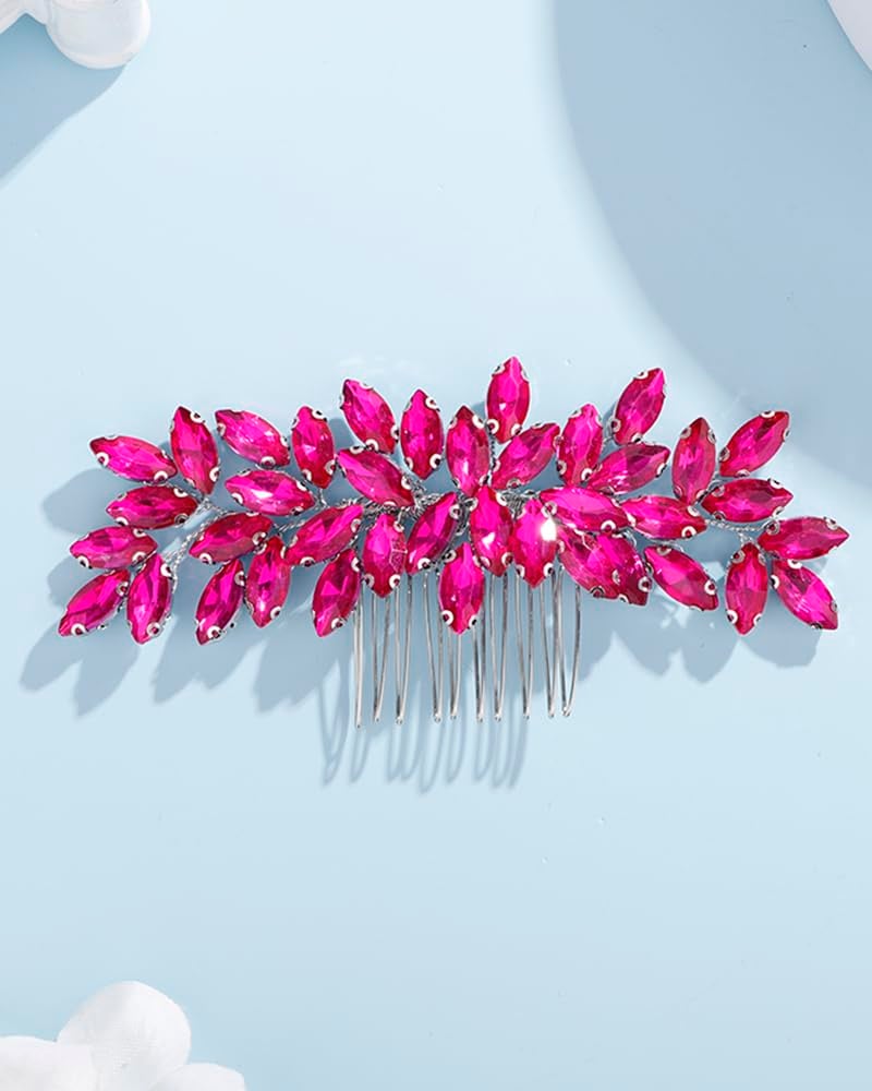 Rumtock Hot Pink Rhinestones Hair Comb for Women Girls Wedding Bridal Hair Piece Handmade Jewelry Banquet Prom (Hot Pink) - Image 2