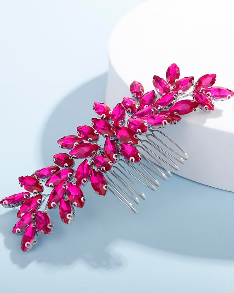 Rumtock Hot Pink Rhinestones Hair Comb for Women Girls Wedding Bridal Hair Piece Handmade Jewelry Banquet Prom (Hot Pink) - Image 1