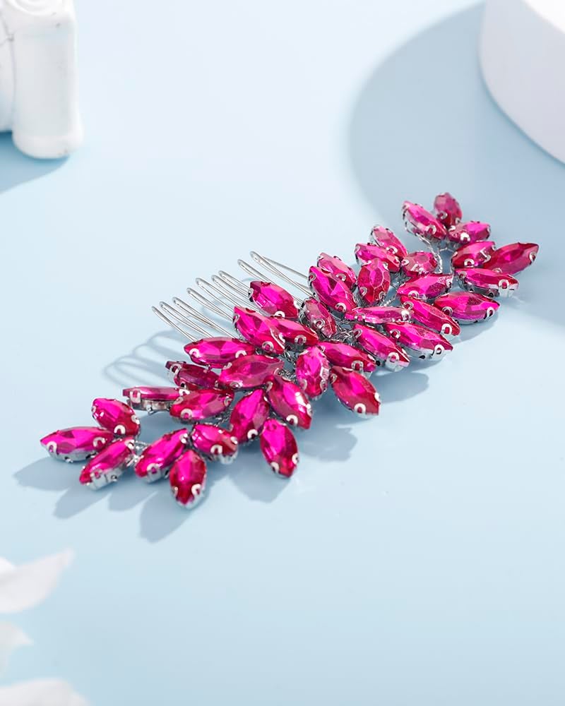 Rumtock Hot Pink Rhinestones Hair Comb for Women Girls Wedding Bridal Hair Piece Handmade Jewelry Banquet Prom (Hot Pink) - Image 3